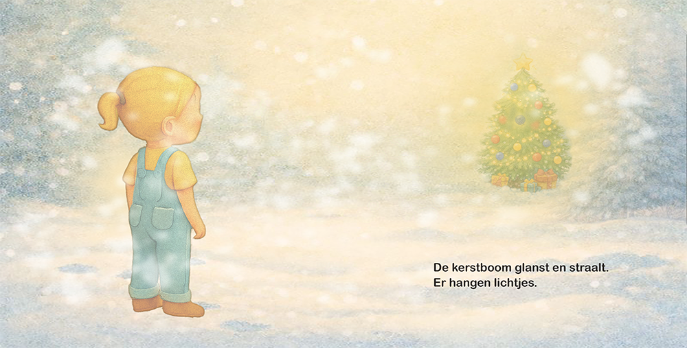Stralende kerstboom met lichtjes en cadeautjes in zachte wintersneeuw
