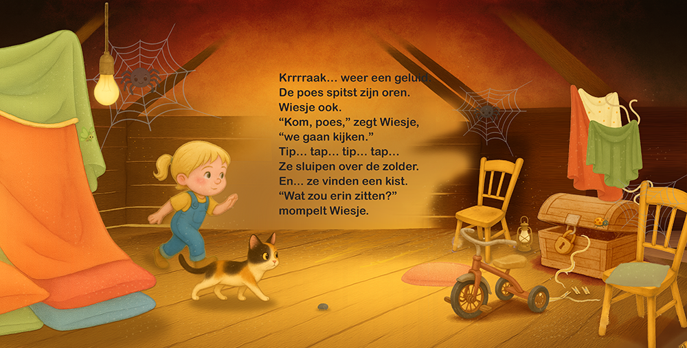 Wiesje en haar poes ontdekken een oude kist op een warme zolder vol geheimen