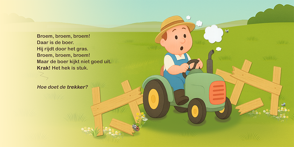 Boer rijdt met een tractor door een kapot hek in de groene wei.