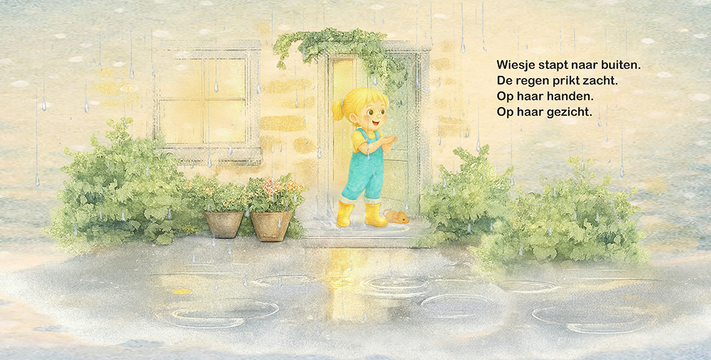 Wiesje stapt nieuwsgierig naar buiten in zachte regen bij huis