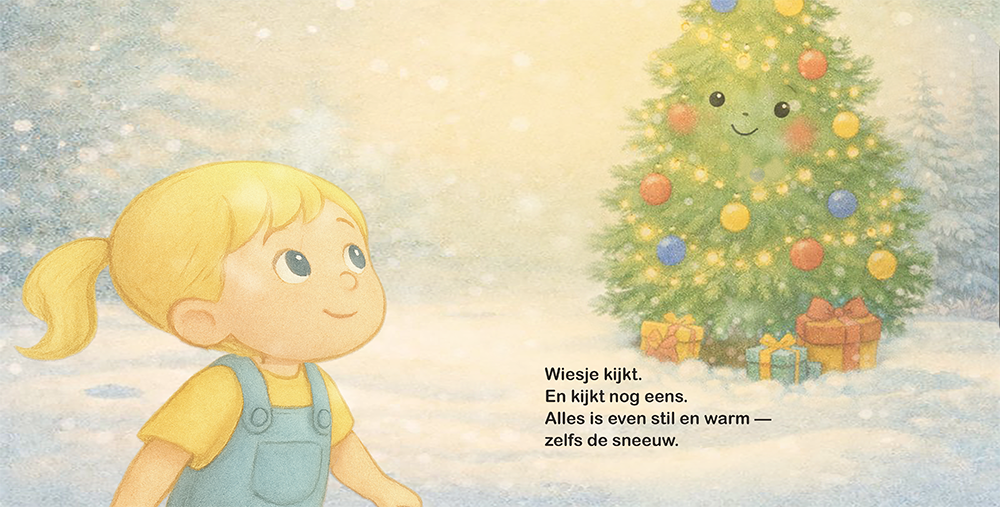 Wiesje kijkt verwonderd naar vrolijke kerstboom vol lichtjes en cadeautjes