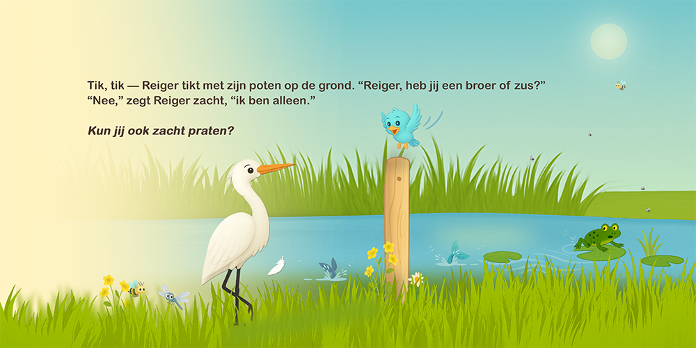 Reiger staat bij het water terwijl vogeltje vragen stelt over familie.