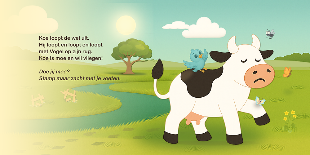 Koe loopt verdrietig door de wei met vogeltje op haar rug.