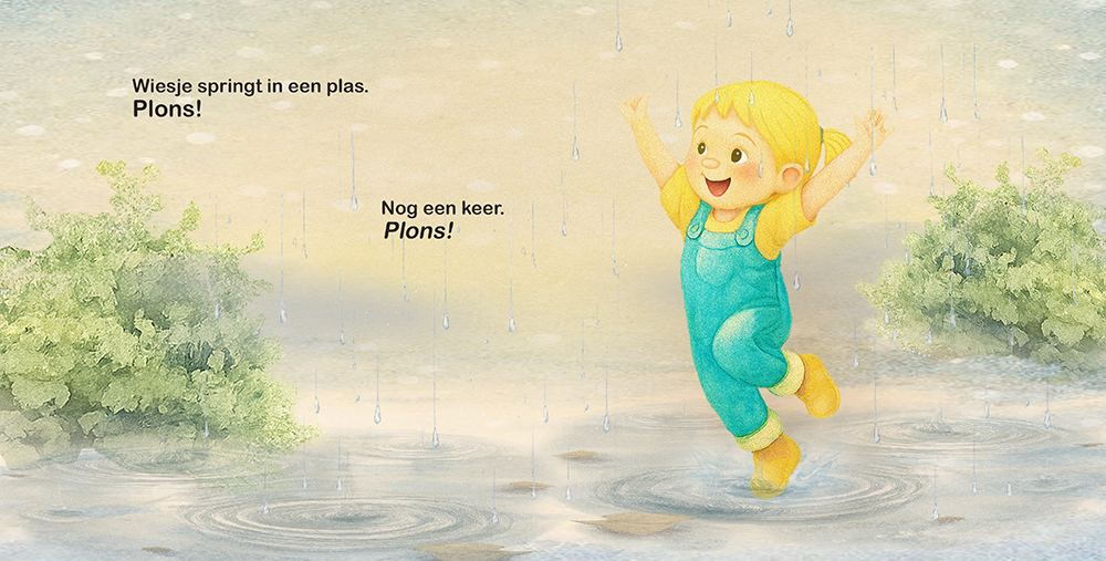 Blije Wiesje springt lachend in regenplassen tijdens zachte regenbui