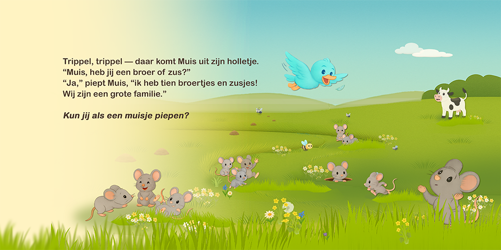 Muizenfamilie speelt in de wei terwijl vogeltje en Koe toekijken.