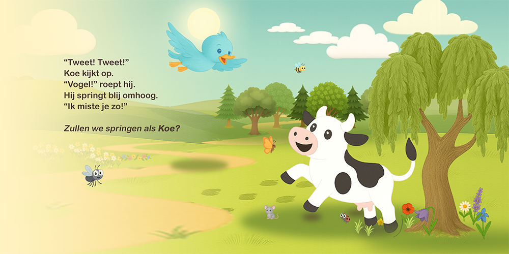 Blij weerzien tussen Koe en het blauwe vogeltje in een zonnige wei.
