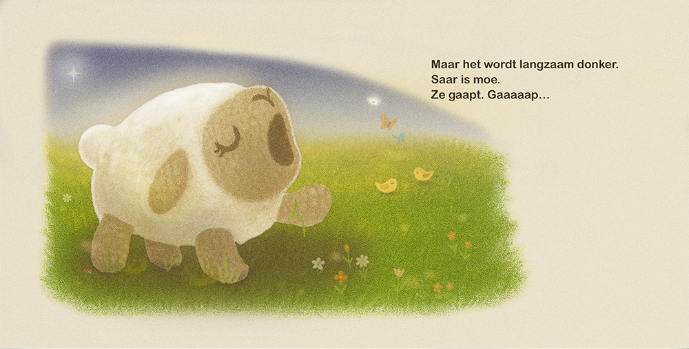 Gapend schaapje wordt moe terwijl avondlucht langzaam donker kleurt