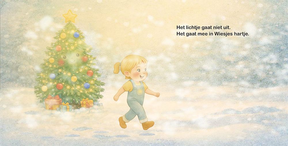 Wiesje wandelt blij door de sneeuw met warm lichtje in haar hart