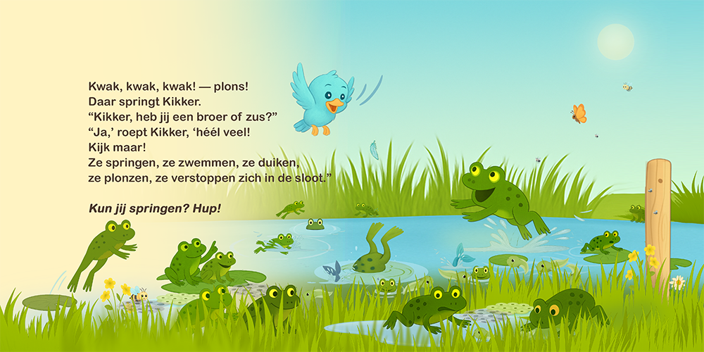 Kikkers springen en zwemmen in de sloot terwijl vogeltje toekijkt.
