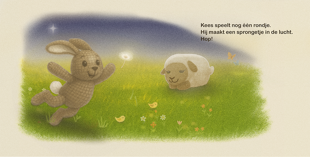 Speels konijntje maakt laatste sprongetje naast slaperig schaapje