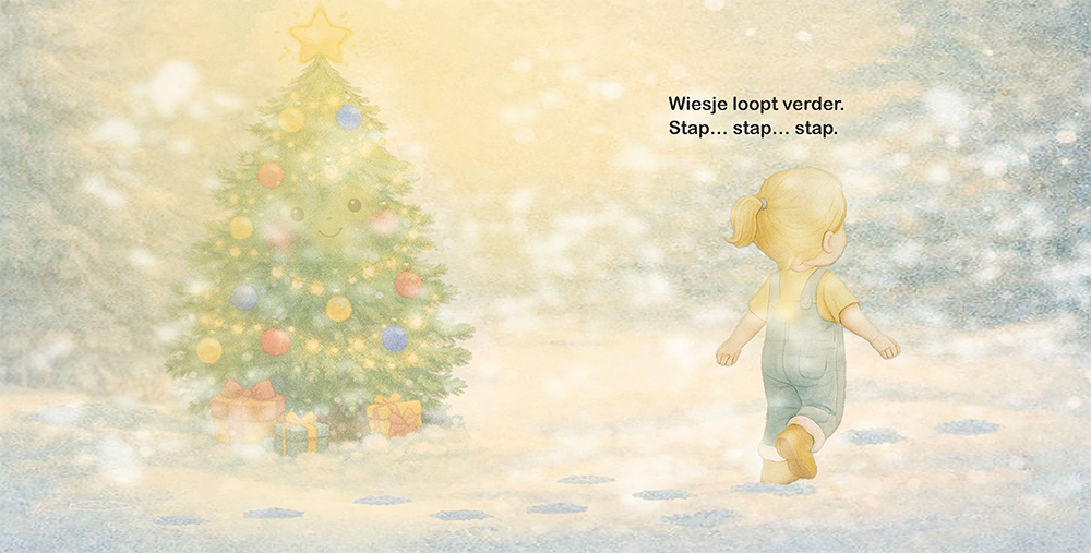 Wiesje loopt verder door zachte sneeuw terwijl kerstboom blijft stralen