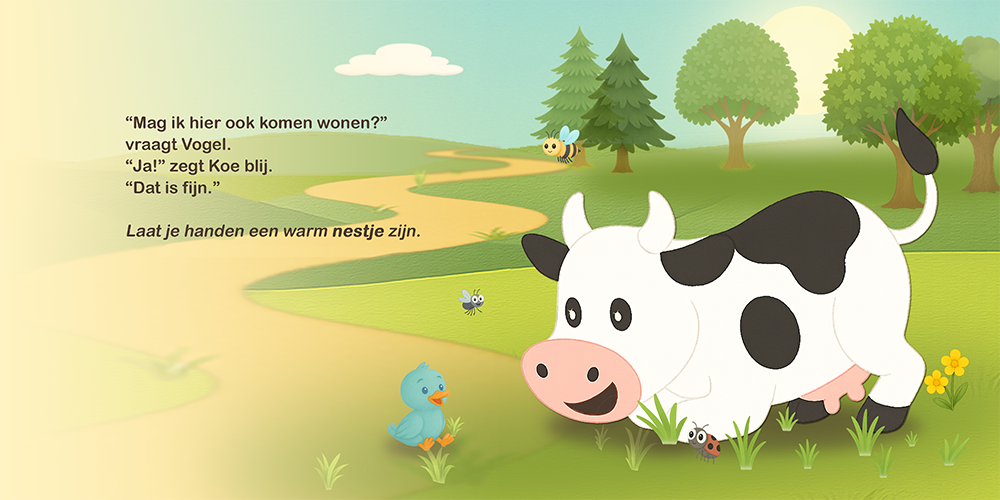Koe en vogeltje worden vrienden in een groene wei vol bloemen en dieren