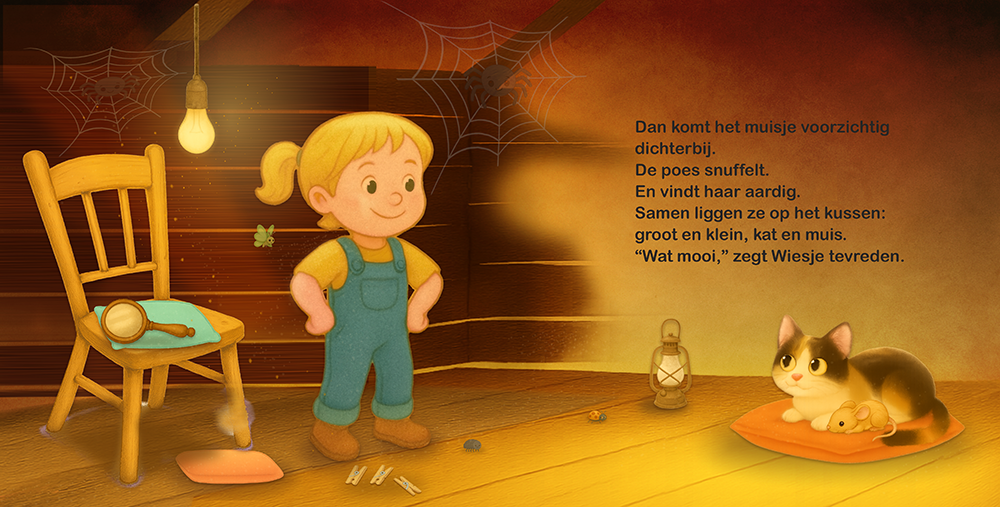 Wiesje ziet poes en muis samen rusten op een kussen in warme zoldersfeer
Spread 9: