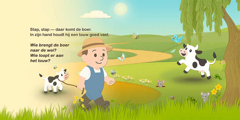Boer loopt met een kalf door de wei terwijl Koe vrolijk toekijkt.