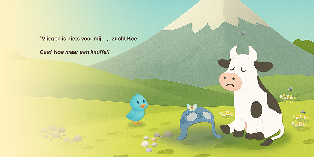 Verdrietige Koe zit bij een berg terwijl vogeltje haar troost.