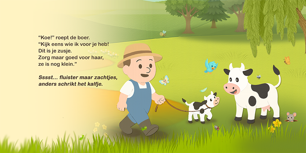 Boer brengt een klein kalfje naar Koe in de groene wei.