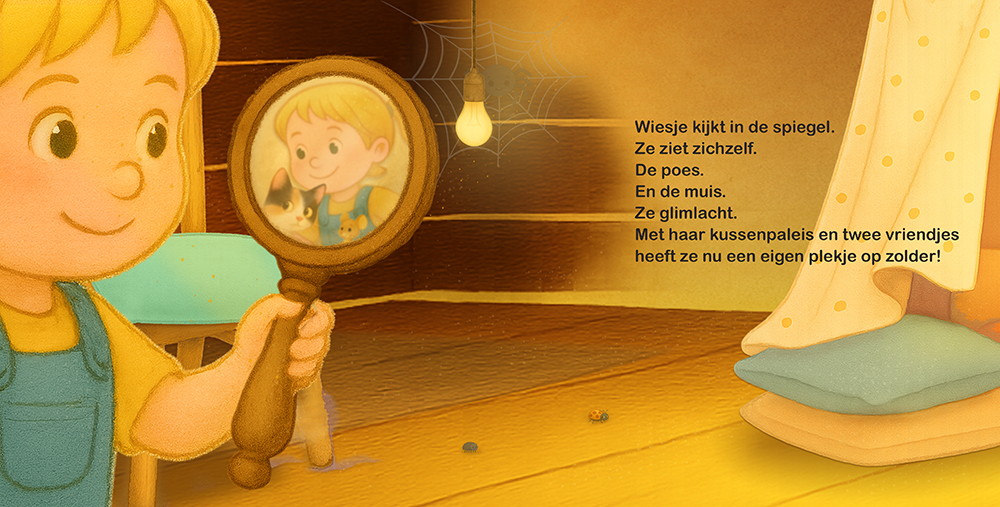 Wiesje kijkt in een spiegel met poes en muis in een warm verlicht kussenpaleis