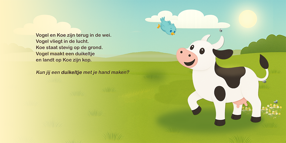 Vogeltje vliegt boven Koe in een zonnige groene wei.