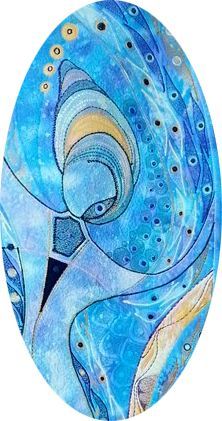 Detail met gestileerde vormen, ritmische patronen en zachte kleurovergangen in blauw en zalm