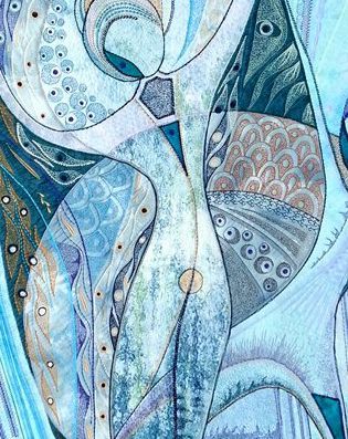 Detail van textielwerk met organische lijnen, transparante lagen en patronen in zeegroen en turquoise
Detailfoto 2: