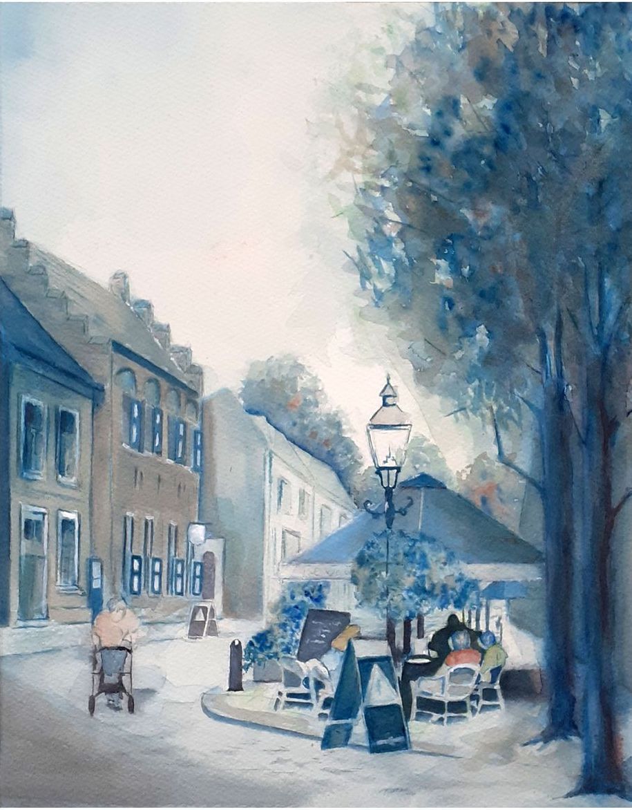 Aquarel van een terrasje in blauw