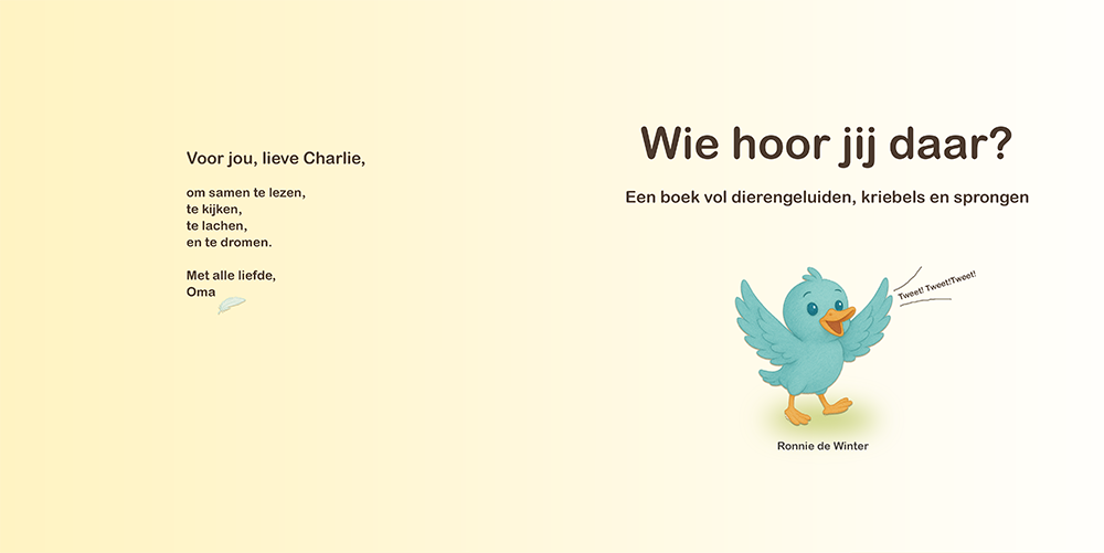Detailpagina van kinderboek Wie hoor jij daar? met blauwe vogel en speelse dierengeluidenillustratie