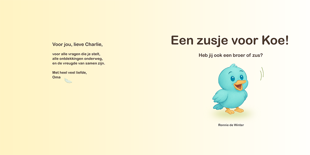 Titelpagina van ‘Een zusje voor Koe!’ met voorwoord en blauw vogeltje.