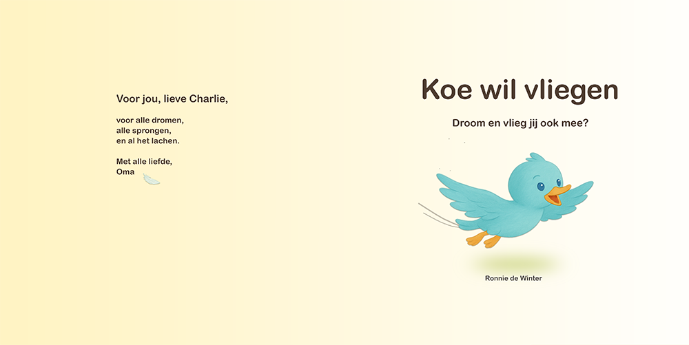 Titelpagina van ‘Koe wil vliegen’ met voorwoord en blauw vogeltje.