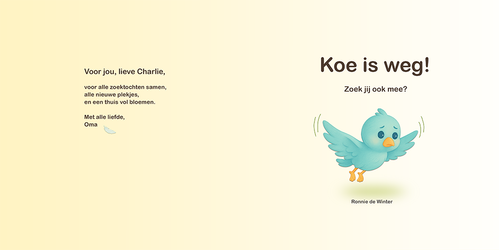 Titelpagina van kinderboek ‘Koe is weg!’ met een verdrietig blauw vogeltje.