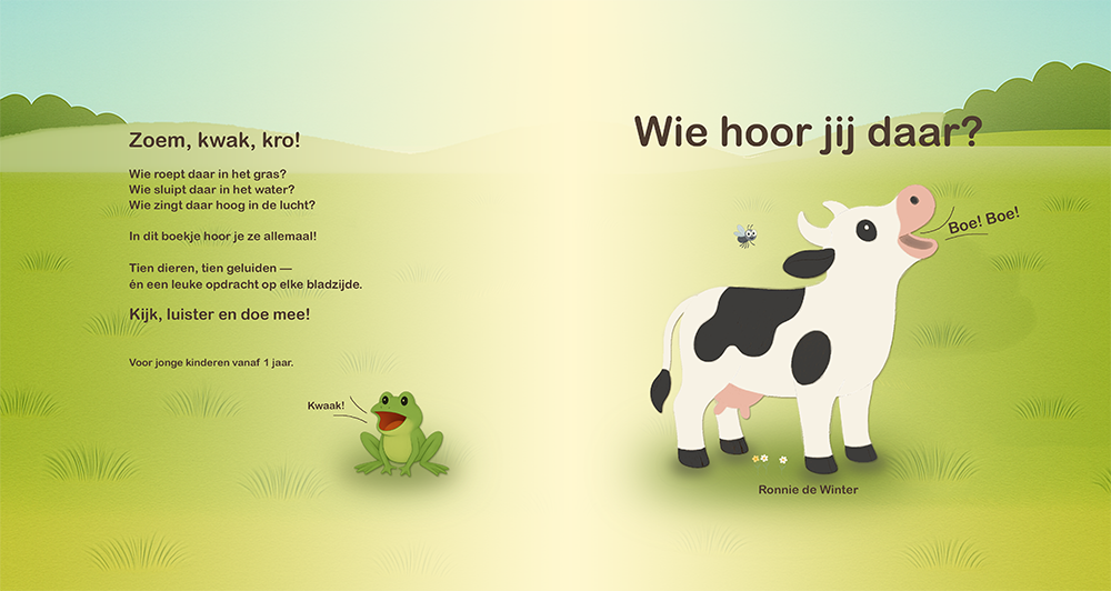 Kinderboek Wie hoor jij daar? met dierengeluiden, illustraties van koe, kikker en groene weide