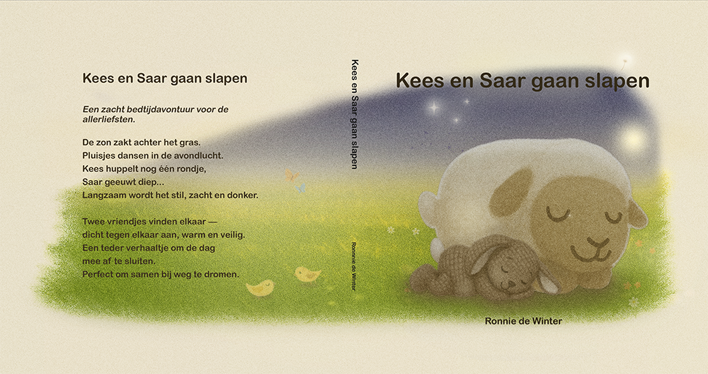 Boekcover met slapend konijntje en schaapje samen onder zachte sterrennacht in grasveld