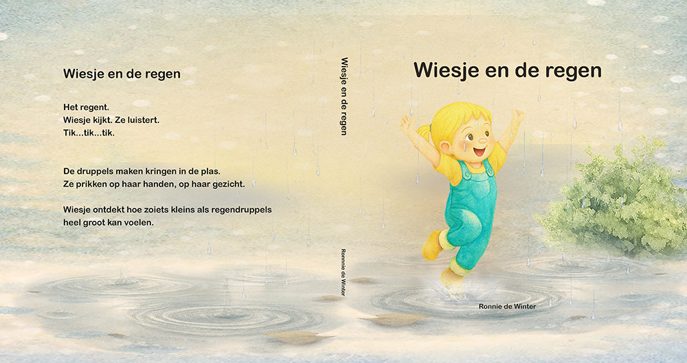 Rustige regenachtige boekcover met springende Wiesje in warme zachte regen
