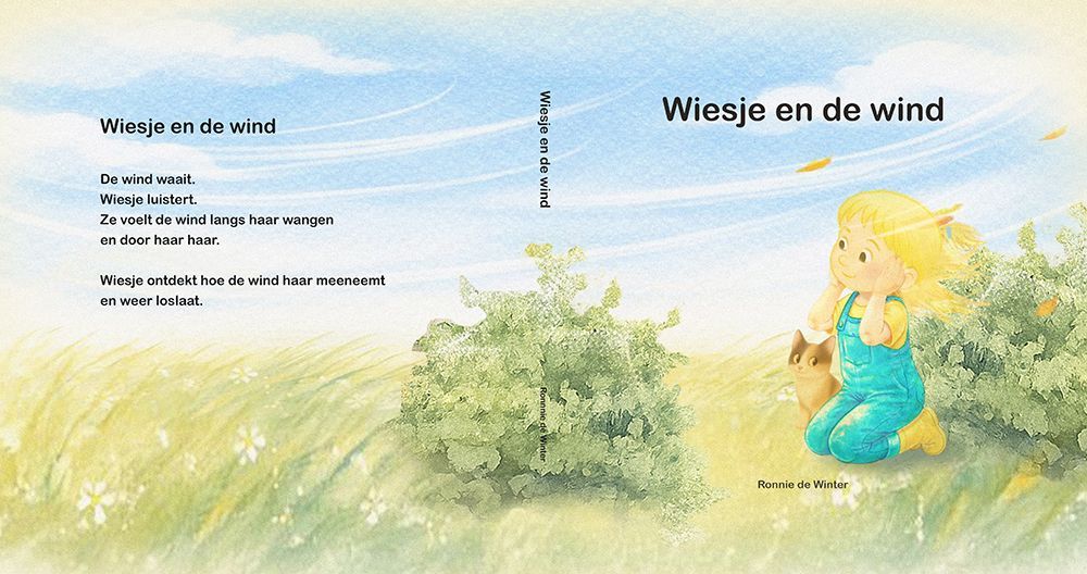 Dromerige boekcover van Wiesje luisterend naar de wind in wuivend gras
