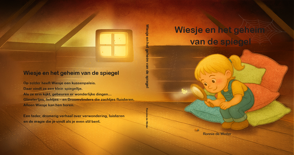 Prentenboek Wiesje en het geheim van de spiegel over verwondering, lichtjes en een magische spiegel
Titelblad: