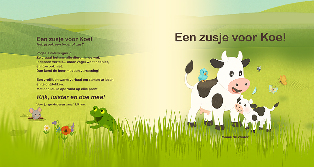 Voor- en achterkant van kinderboek ‘Een zusje voor Koe!’ met Koe en kalfje in de wei.
