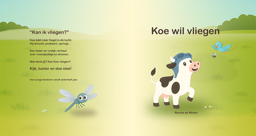 Voor- en achterkant van kinderboek ‘Koe wil vliegen’ met vliegende Koe en vogeltje.