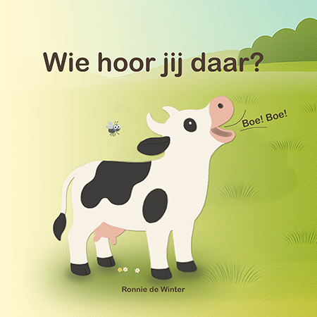Omslag van kinderboek Wie hoor jij daar? met koe en kikker in een groene speelse illustratie