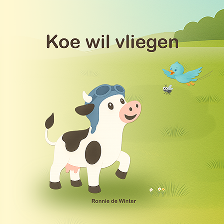 Omslag van kinderboek koe wil vliegen met koe en vogel in een speelse illustratie