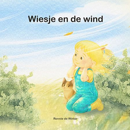 Omslag van prentenboek Wiesje en de wind met Wiesje luisterend naar de wind in wuivend gras