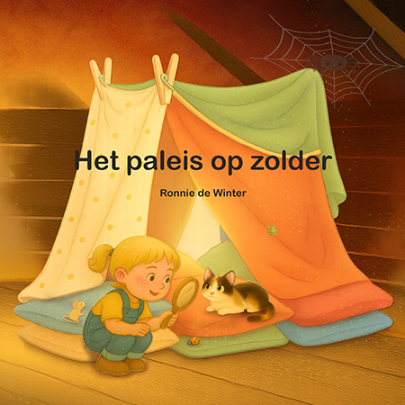 Omslag van prentenboek Het paleis op zolder met Wiesje, kat en kussenpaleis op een warme zolder