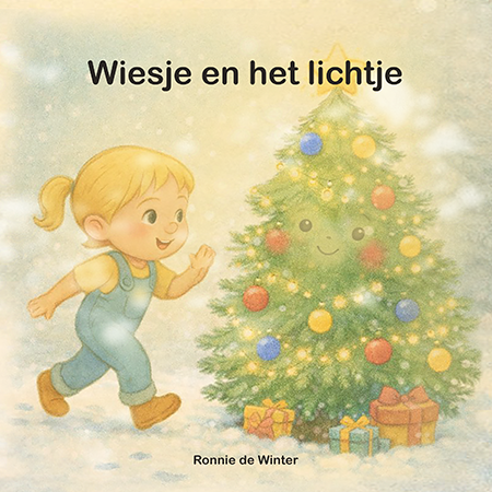 Boekomslag van Wiesje en het lichtje met Wiesje in sneeuw bij stralende kerstboom