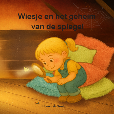 Omslag van prentenboek Wiesje en het geheim van de spiegel met meisje en magische zoldersfeer