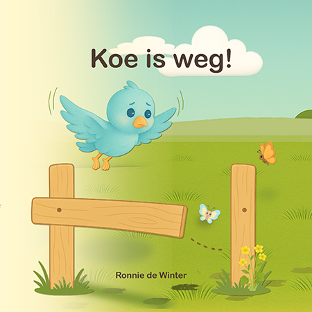 Omslag van kinderboek Koe is weg! met Vogel en hek in een groene speelse illustratie