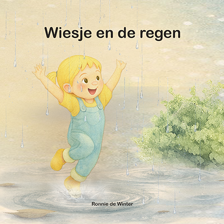 Omslag prentenboek Wiesje en de regen met springende Wiesje in zachte regen