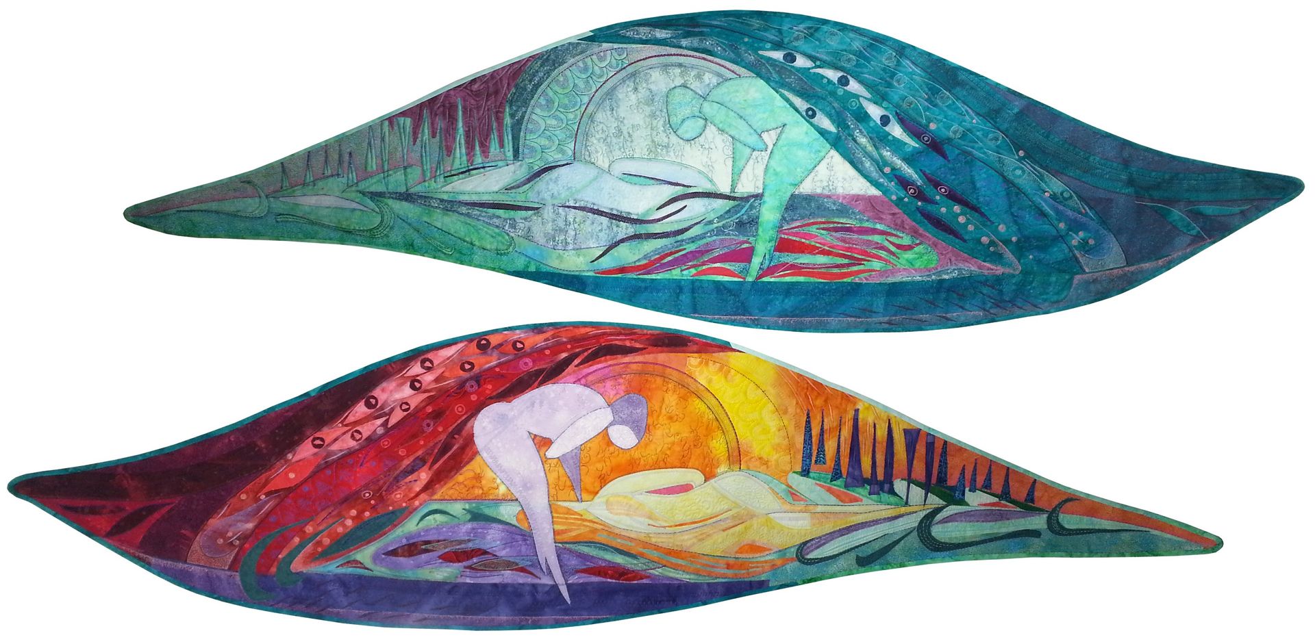 Abstract textielwerk met organische landschappen in turquoise, rood en geel met spiegelende vormen.
