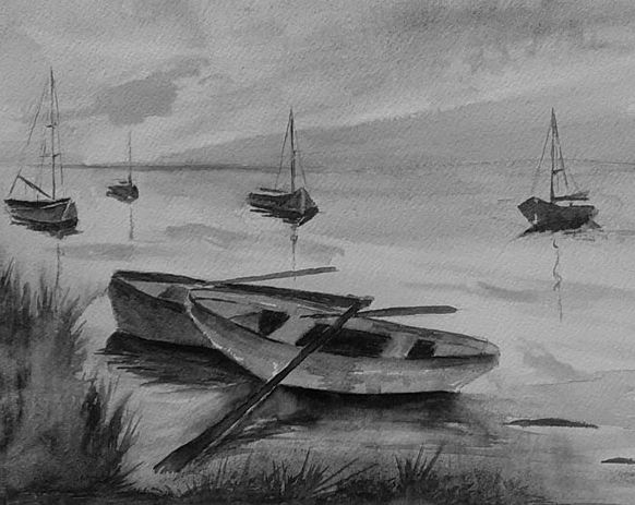 Zwart-witte aquarel van boten op stil water als symbool voor vertraging en innerlijke rust.