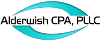 The logo for Alderwish CPA, PLLC features the company name in black text set against a cyan-colored, horizontal oval shape.