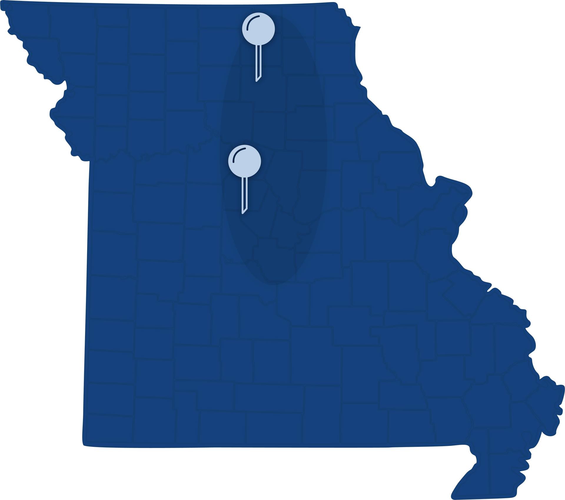Map of Missouri with two pin locations highlighted within an oval.