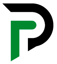 Stylized black and green letter P logo on a white background