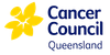 Cancer Council Queensland logo with yellow flower icon and navy text on white background